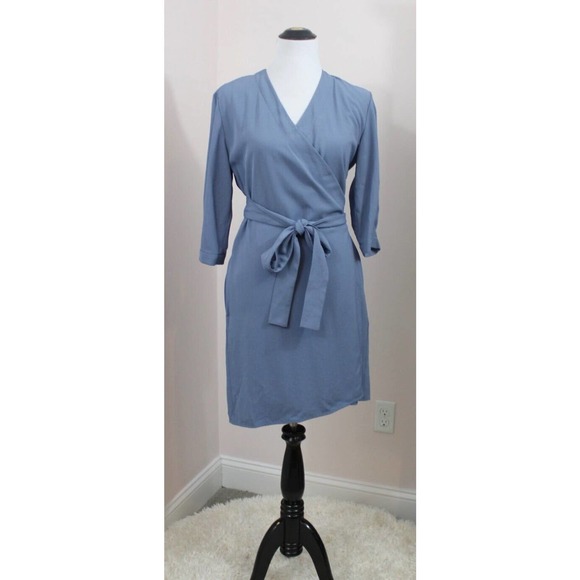 EVERLANE Sz 2 Blue Wrap Dress Japanese GoWeave 3/4 Sleeve - Picture 1 of 8